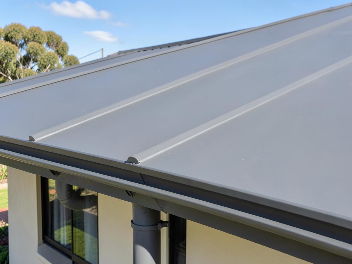 New charcoal Colorbond metal roof with new gutter and downpipe